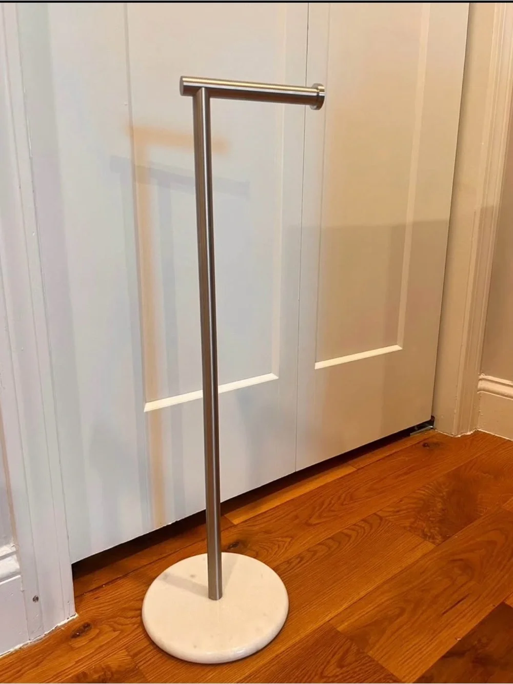 Freestanding Stainless Steel Toilet Paper Stand with White Marble Base